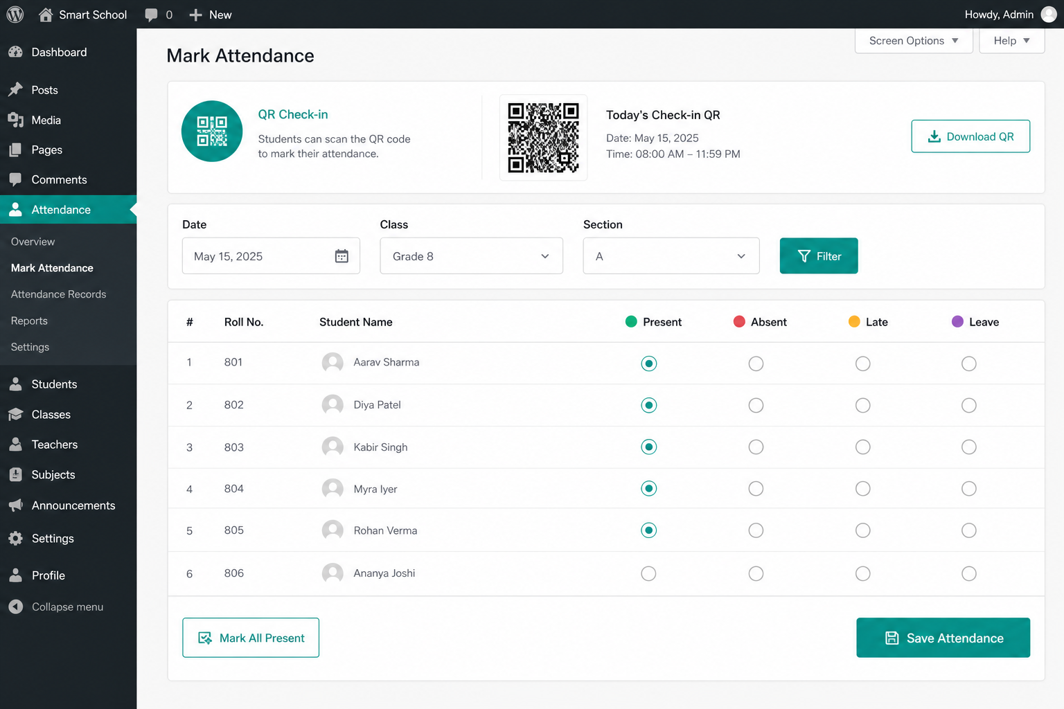 Attendance marking screen with status options and QR check-in