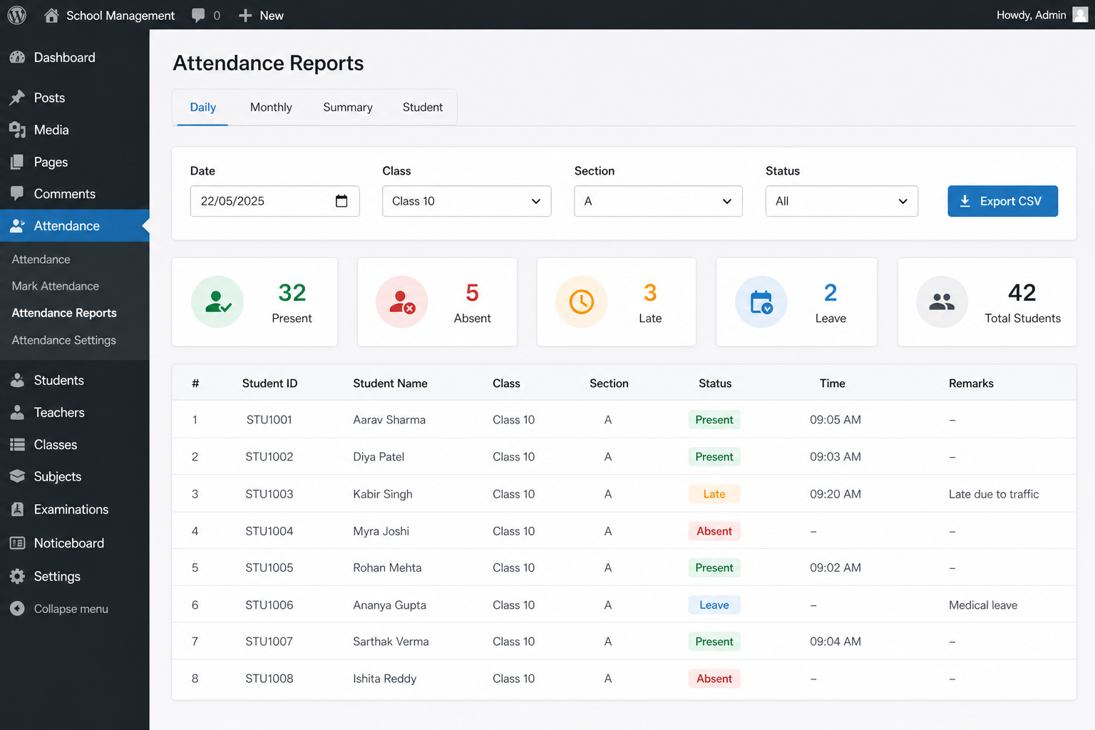 Attendance report with filters and CSV export