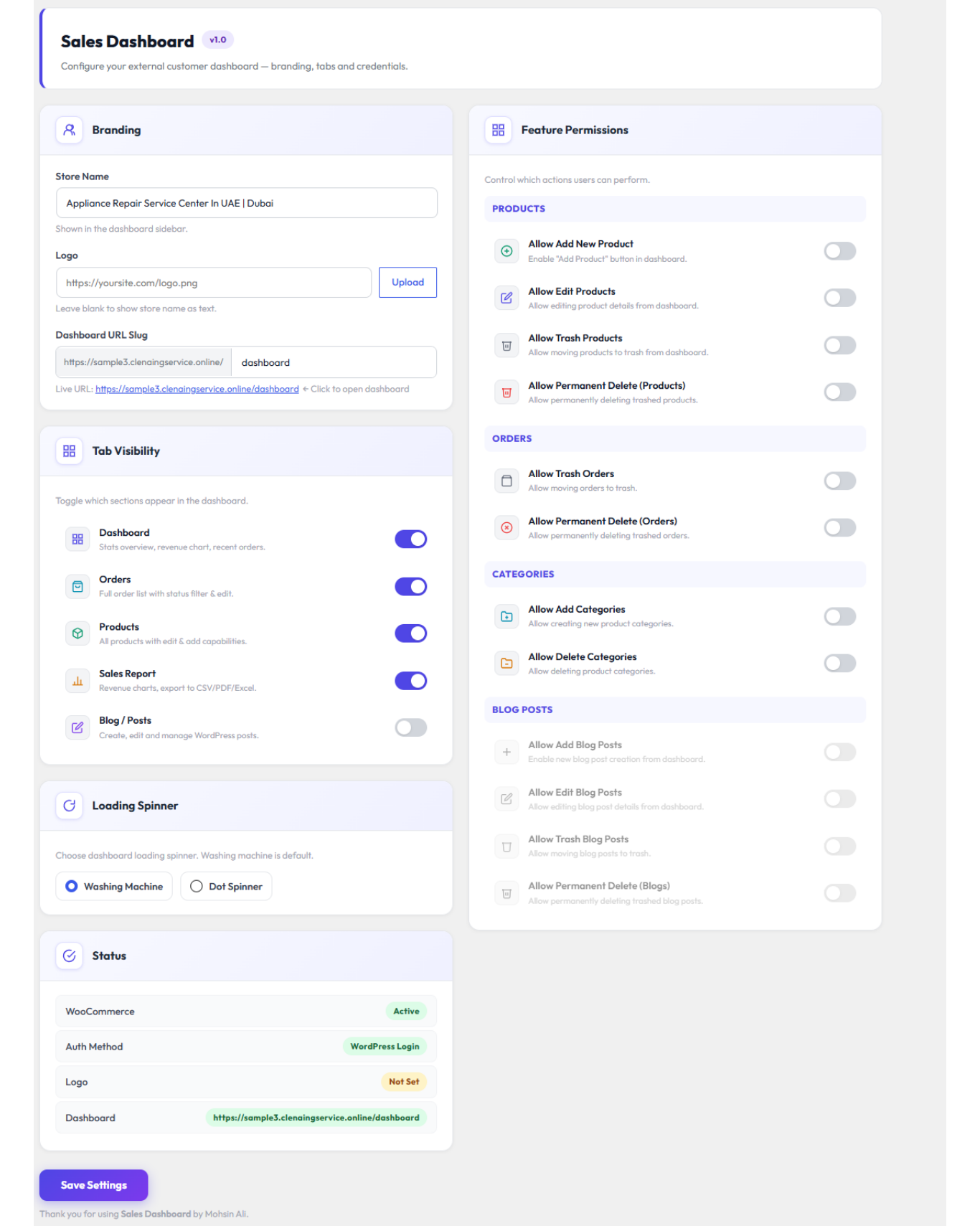 Dashboard overview with WooCommerce sales summary, recent orders, and key metrics.