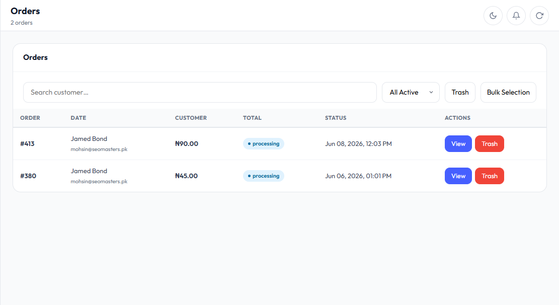 Orders list with status filters, search, and bulk actions.