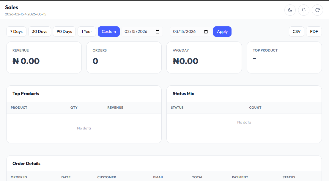 Products list with category filters and bulk actions.