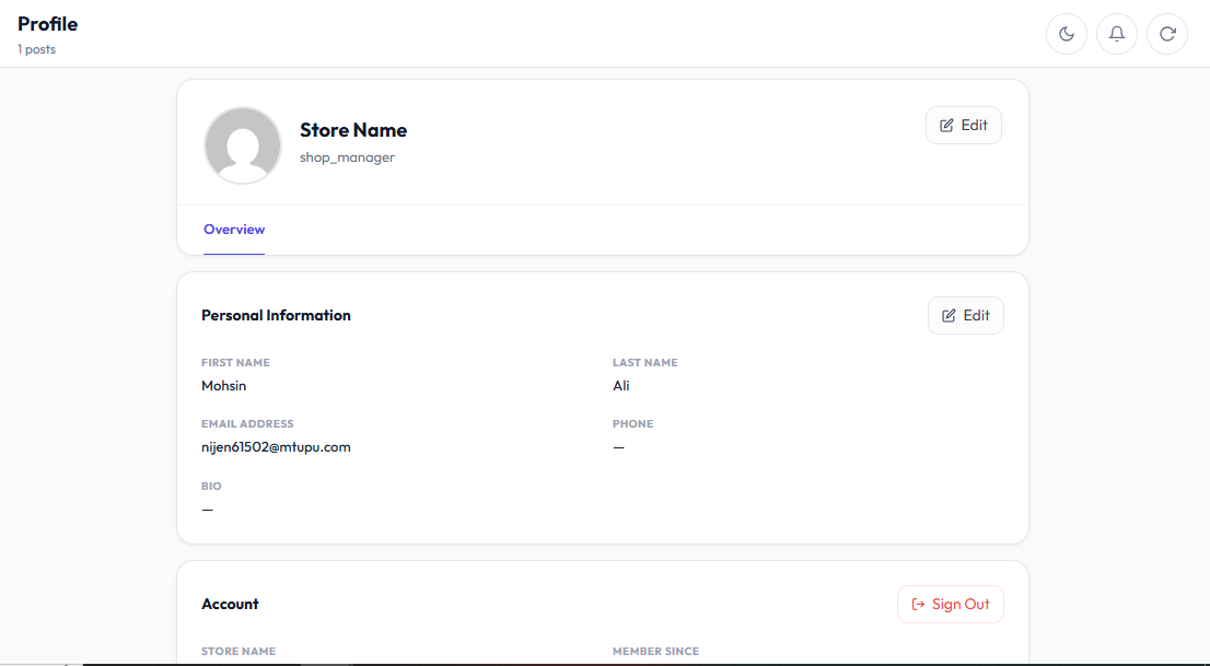 Plugin settings — admin form label, login logo, dashboard slug, tabs, role permissions, and profile-managed dashboard title/logo.