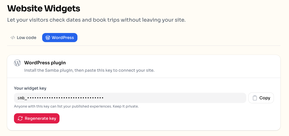 Finding your workspace key in Samba, under Settings, Website Widgets, WordPress.
