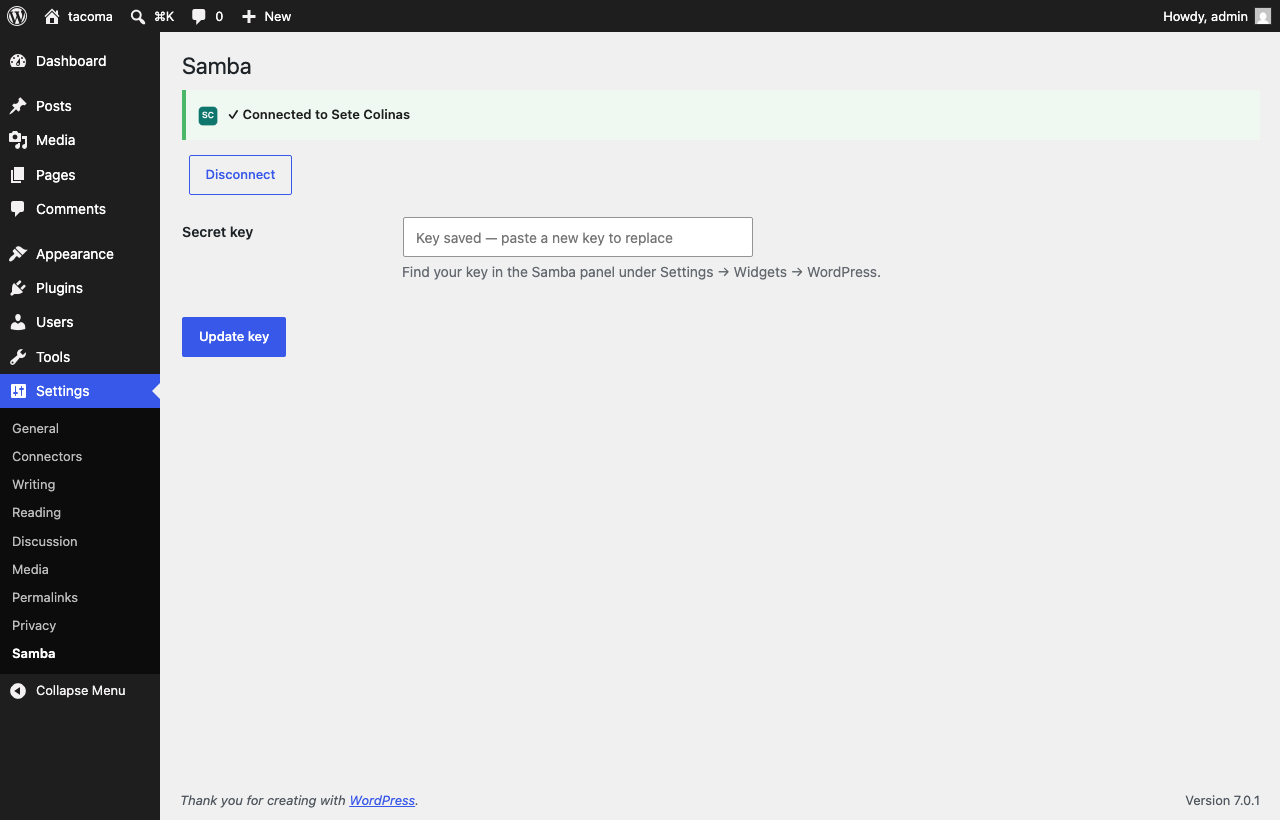 Connecting your workspace on the Samba settings screen in WordPress.