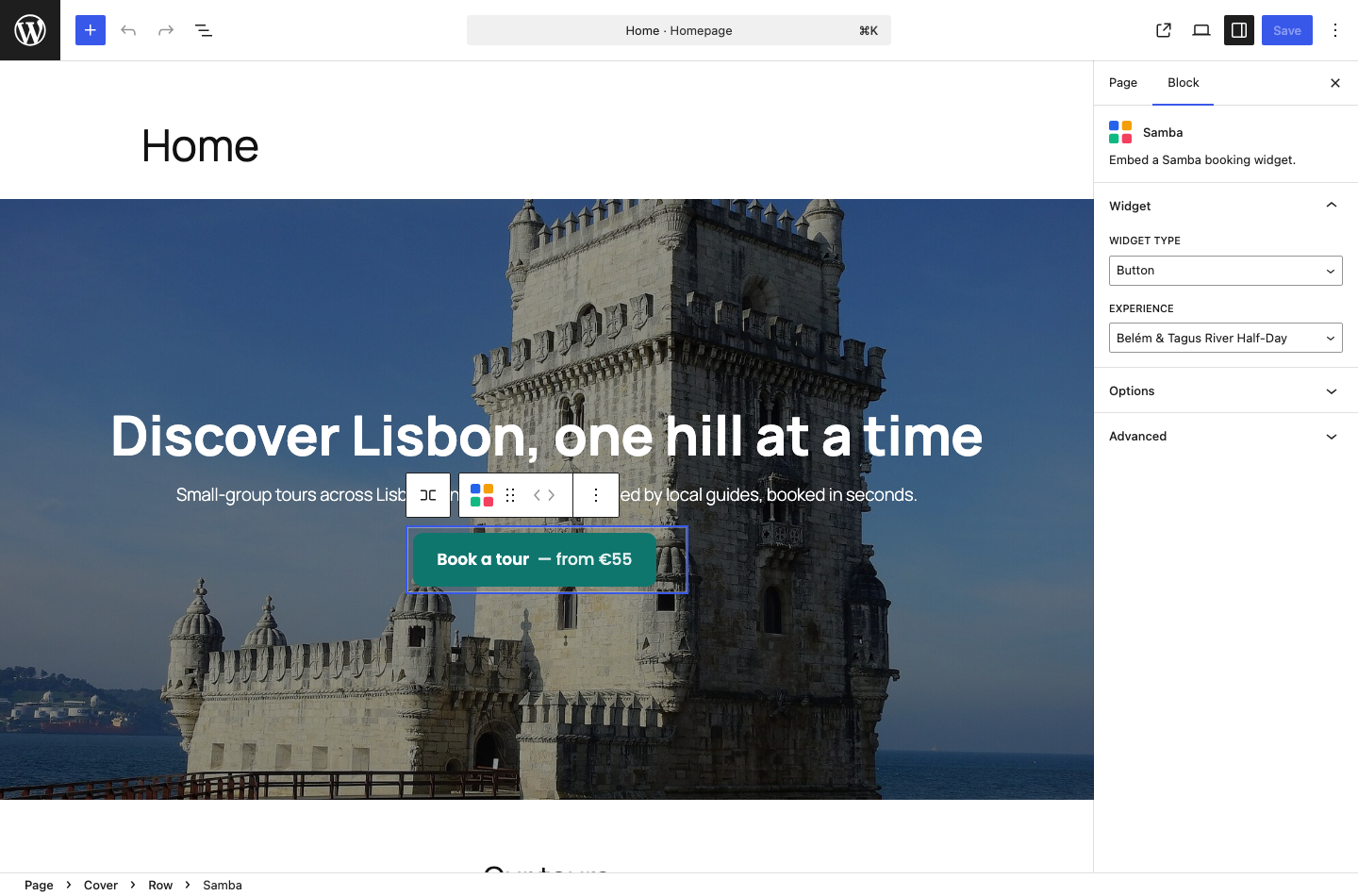 Choosing a widget type and experience from the Samba block in the editor.