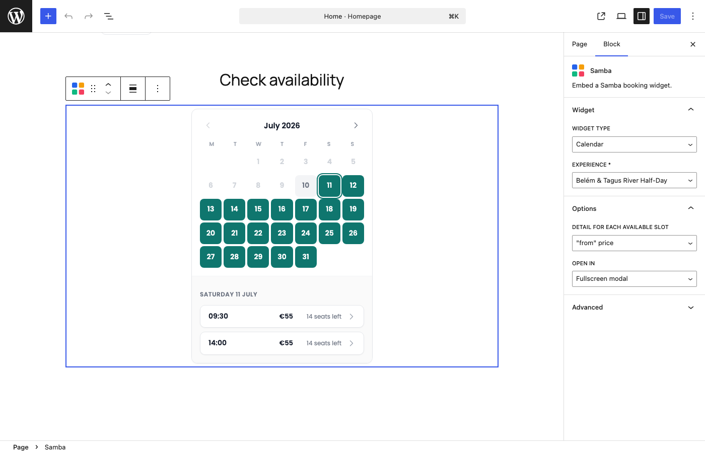 Configuring widget options with a live preview in the block editor.