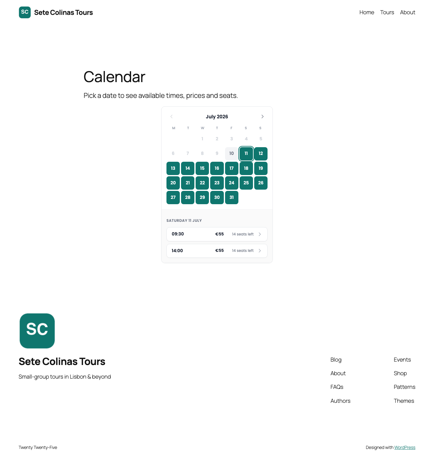 Calendar widget on the front end.