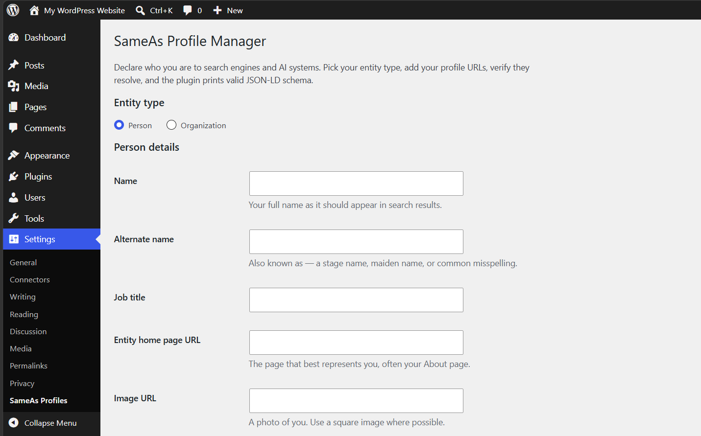 The settings screen: entity type toggle and Person fields (name, alternate name, job title, entity home page, image).
