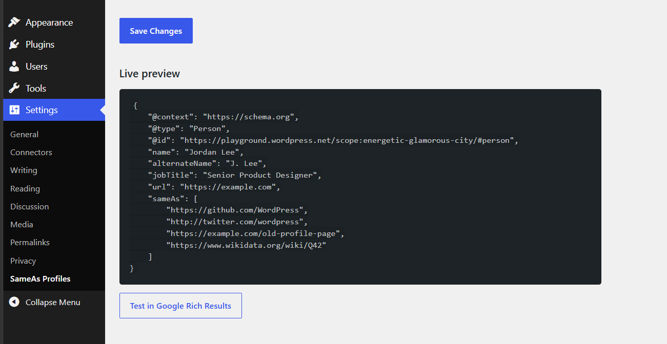 The live JSON-LD preview with the Google Rich Results test link.