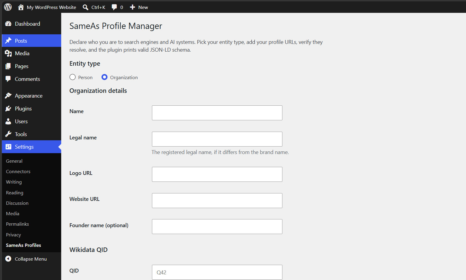 Organization mode: legal name, logo, website, and founder fields.