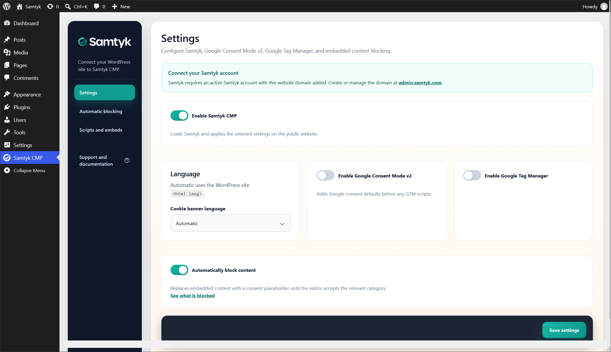 Configure Samtyk, language, Consent Mode v2, Google Tag Manager, and automatic content blocking.
