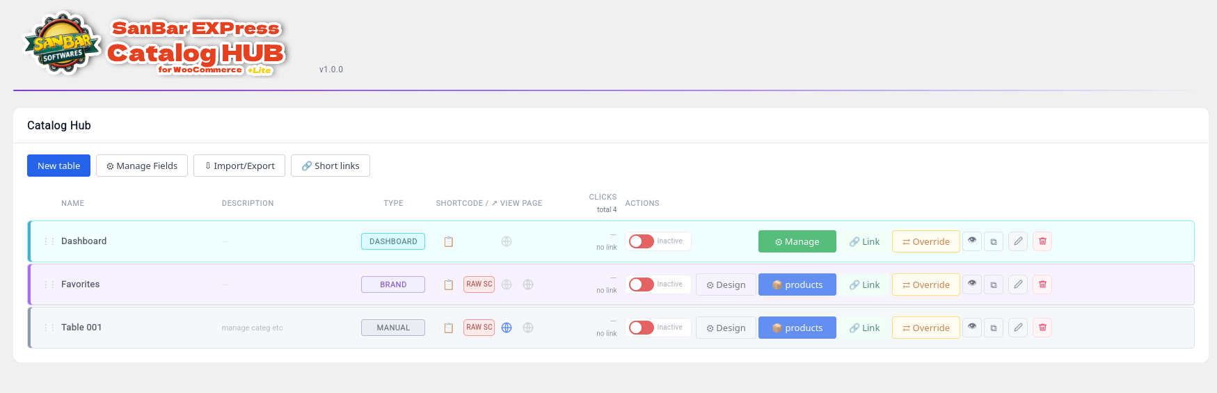 Table list in the admin dashboard