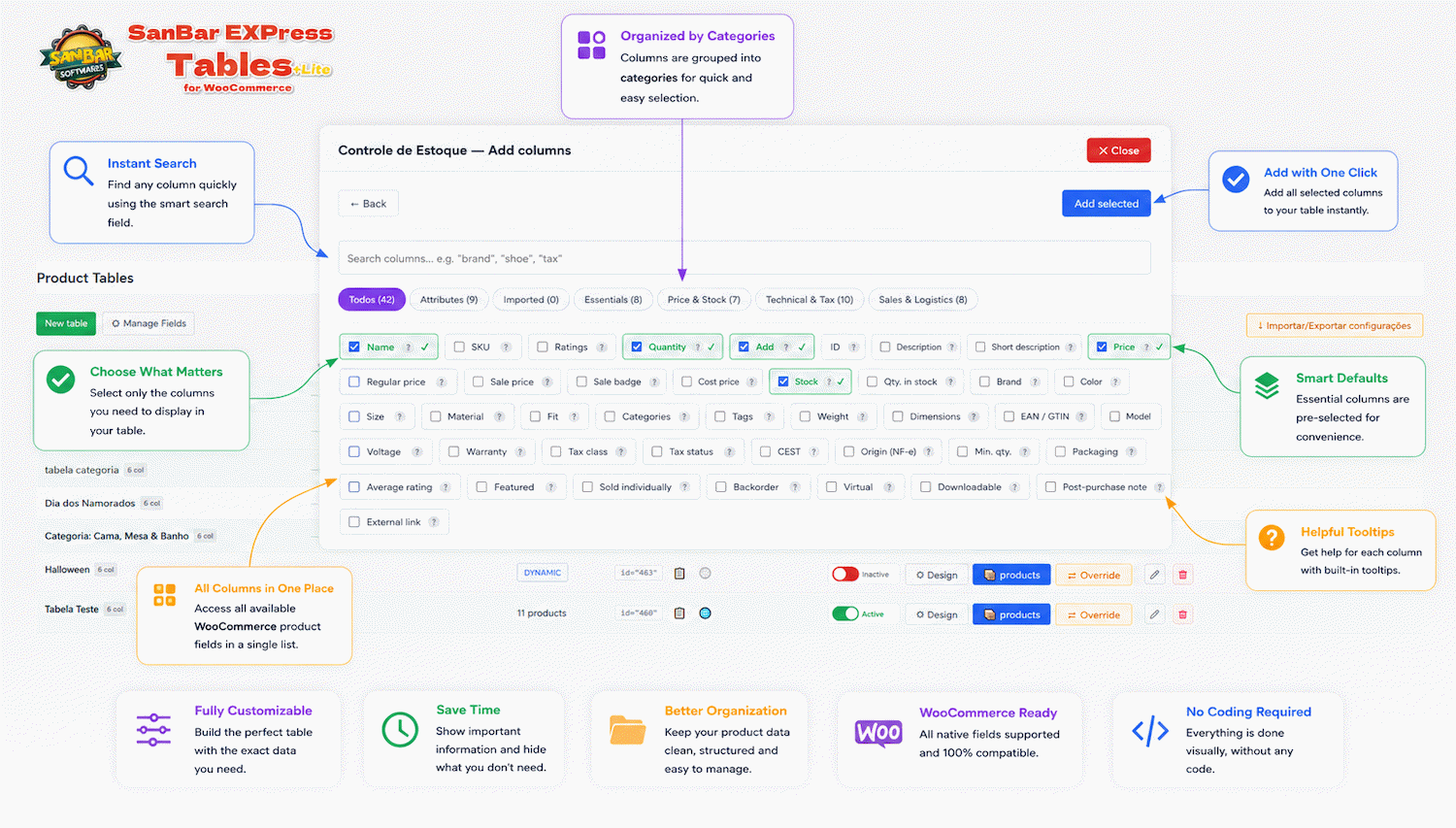 Product table on the frontend with active filters