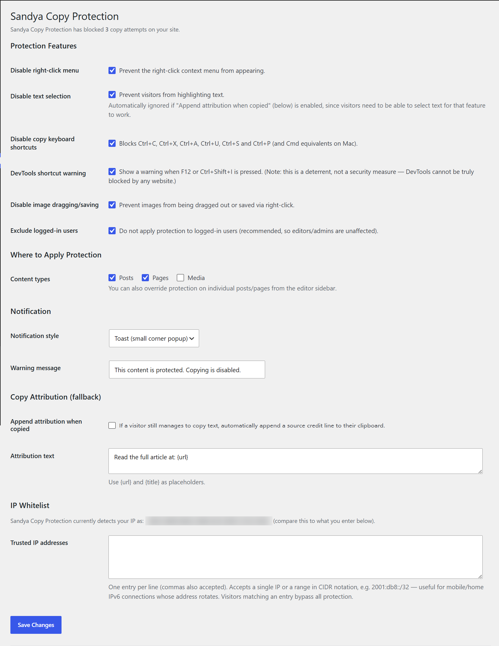 Settings page with all protection options.