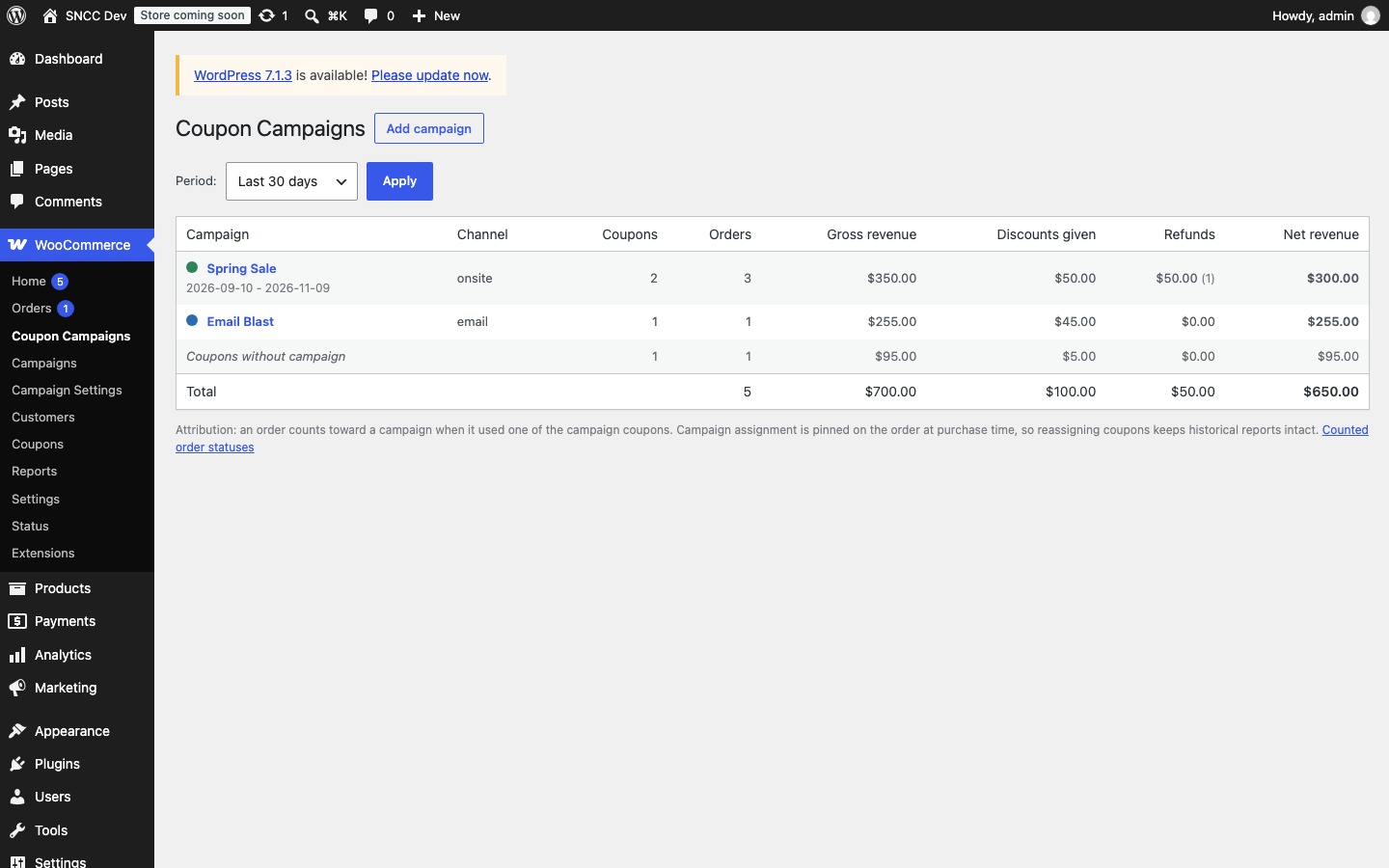 Campaign comparison dashboard: orders, gross revenue, discounts, refunds and net revenue per campaign.