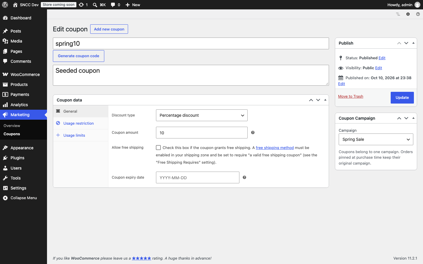 Campaign selector metabox on the coupon edit screen.