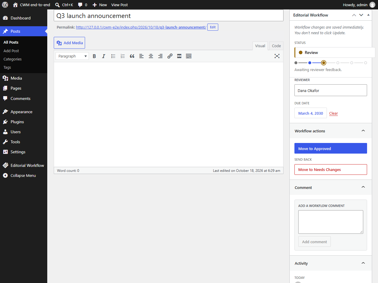 The workflow box in the classic editor.