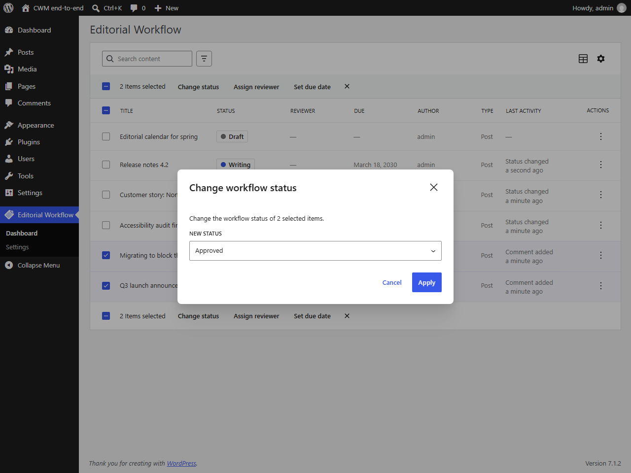 Bulk actions across a selection of posts.