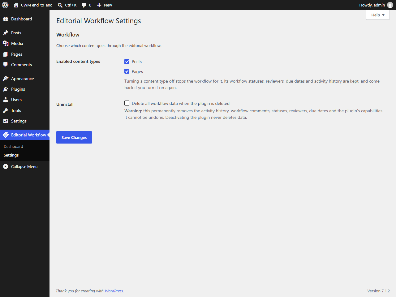 The settings screen, for choosing which post types have a workflow.