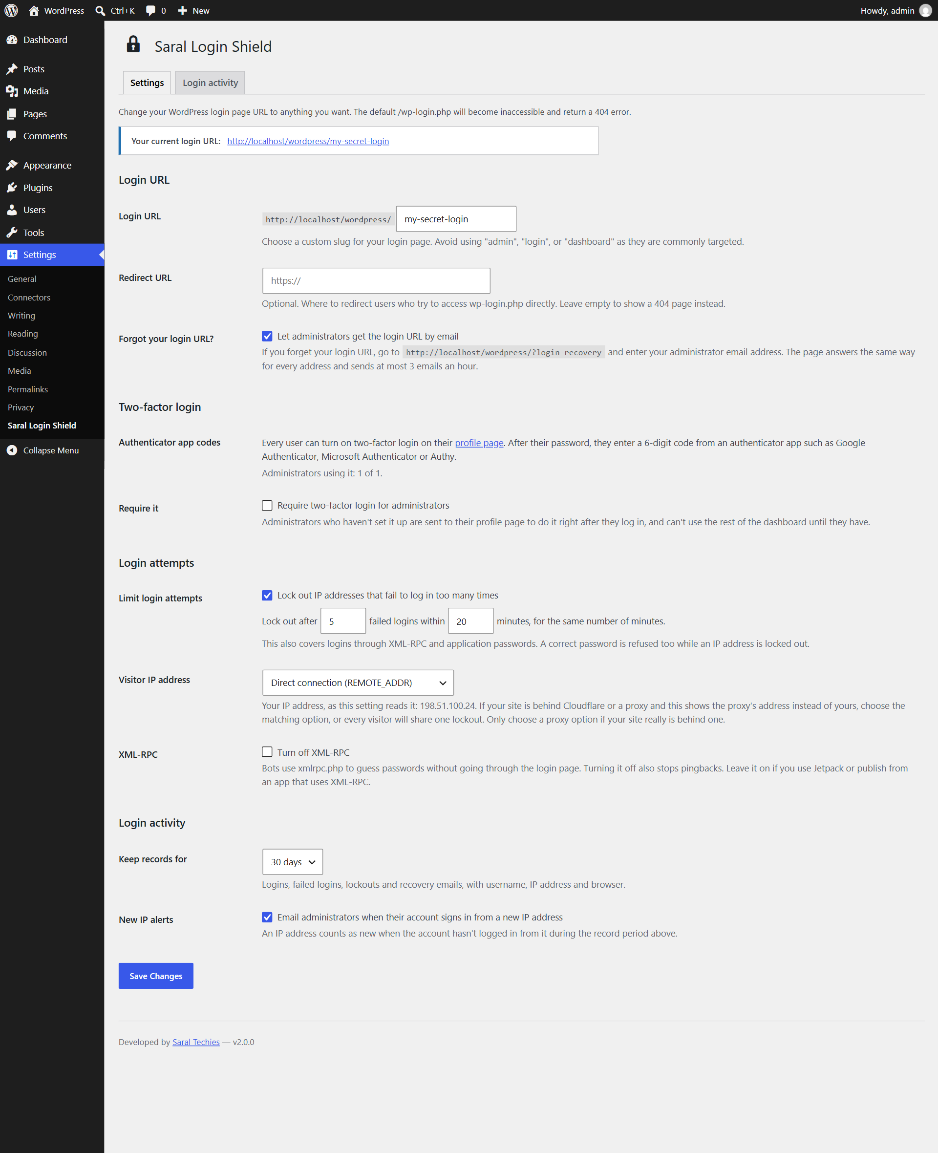 Settings → Saral Login Shield: your login URL, two-factor login, login attempt limits, XML-RPC and new IP alerts.