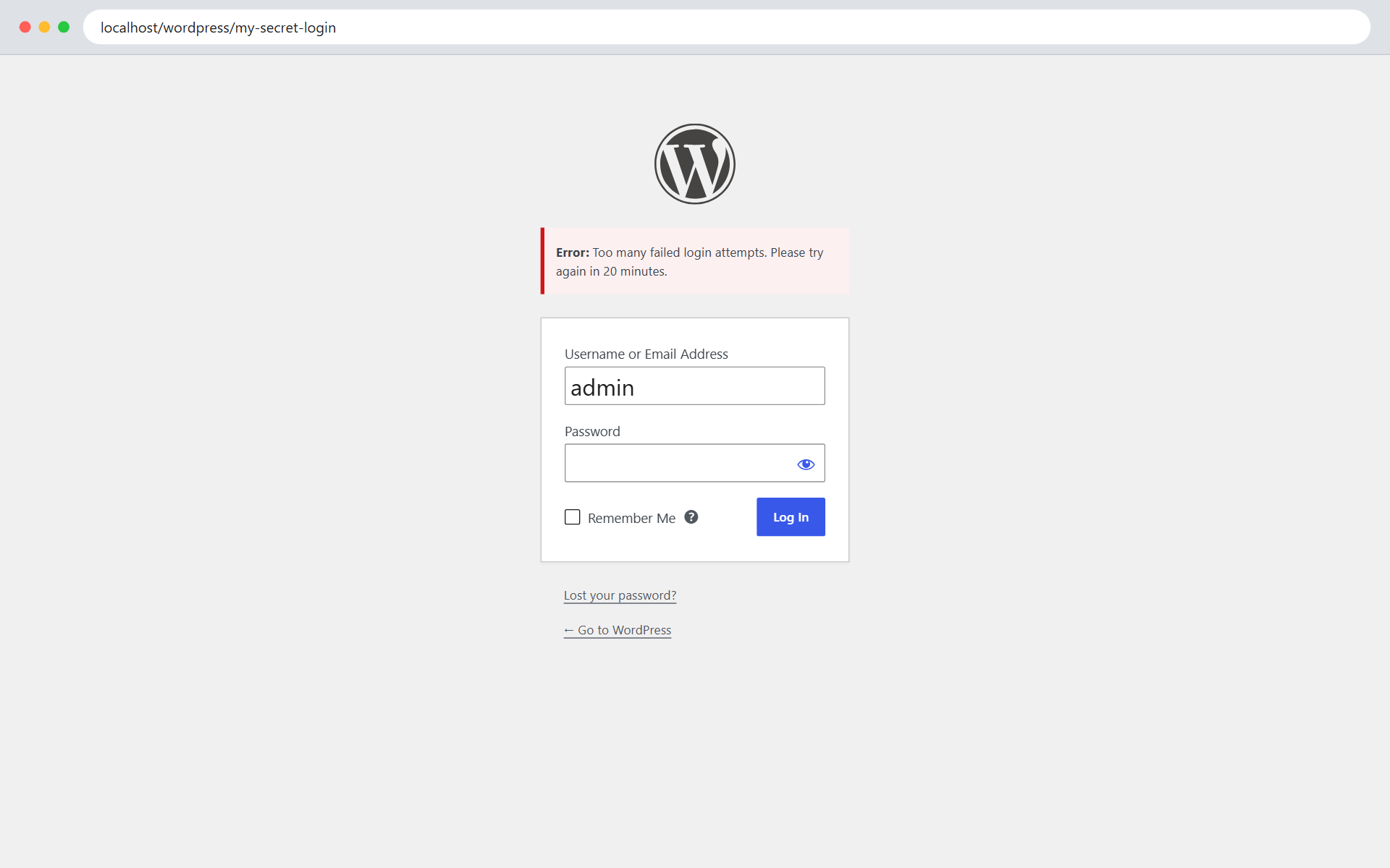 The normal WordPress login form at your own login URL, refusing an IP address after too many failed logins.
