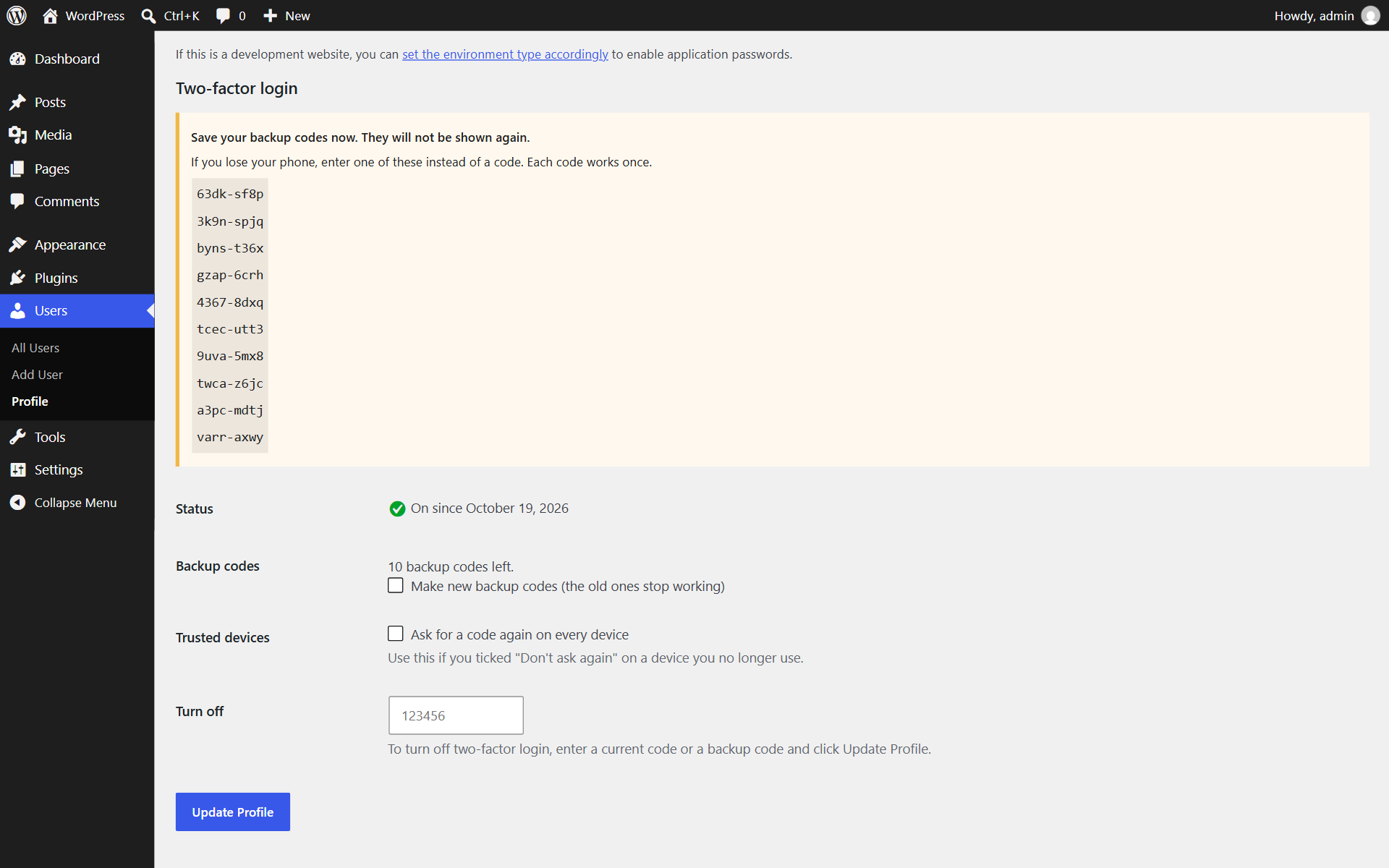 Backup codes are shown once after setup, for when a phone is lost.