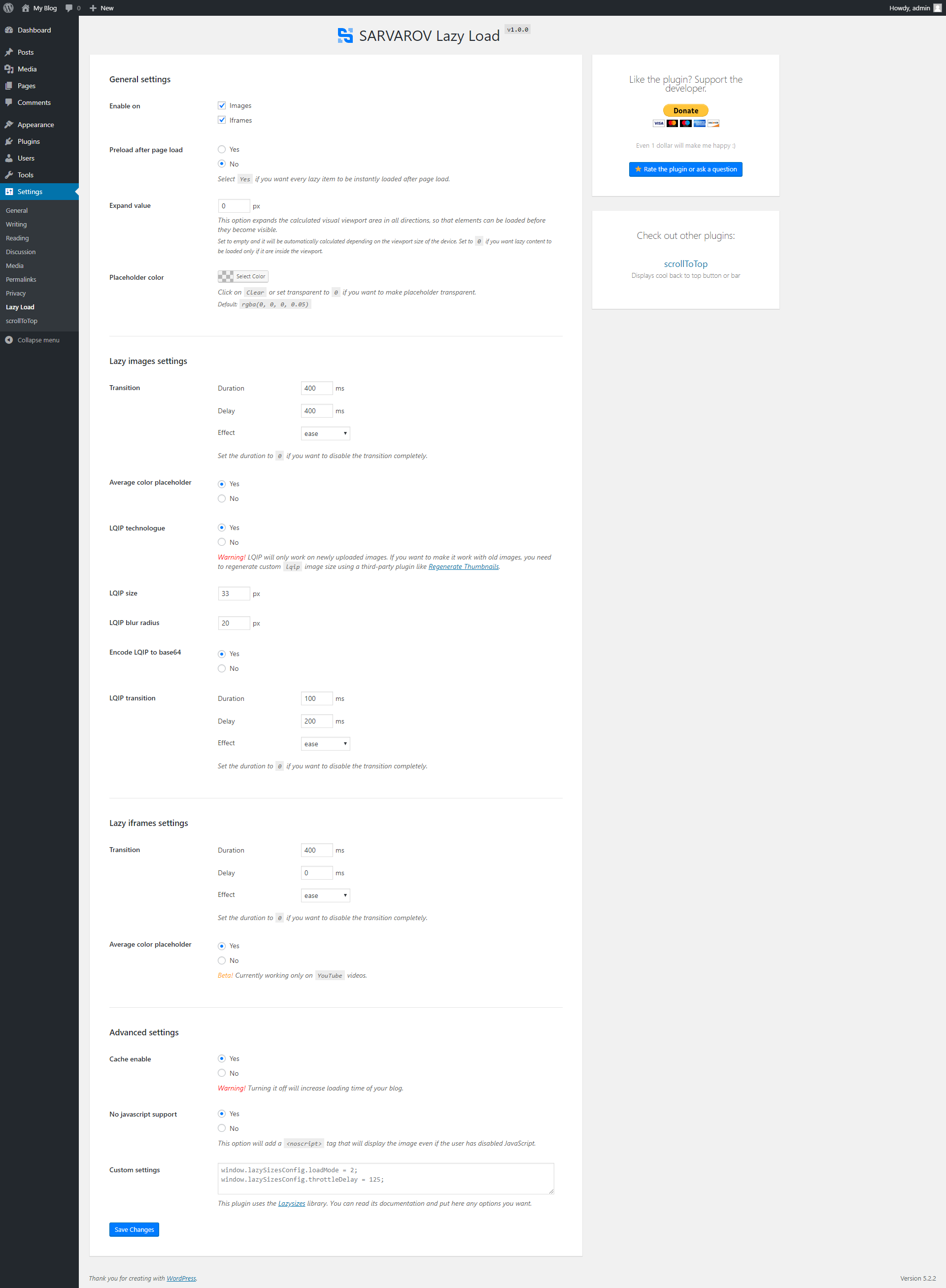 Settings page.