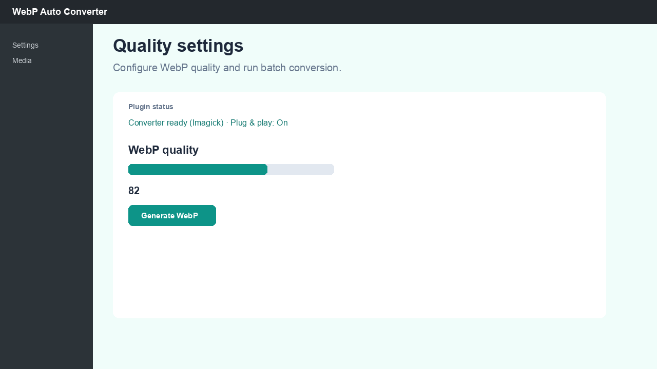 Settings page with status strip, quality slider, and batch conversion