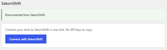 The one-click "Connect with SaturnShift" panel in WooCommerce payment settings.