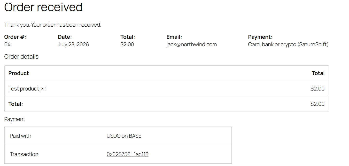 On-chain payment receipt with a block explorer link on the order-received page.