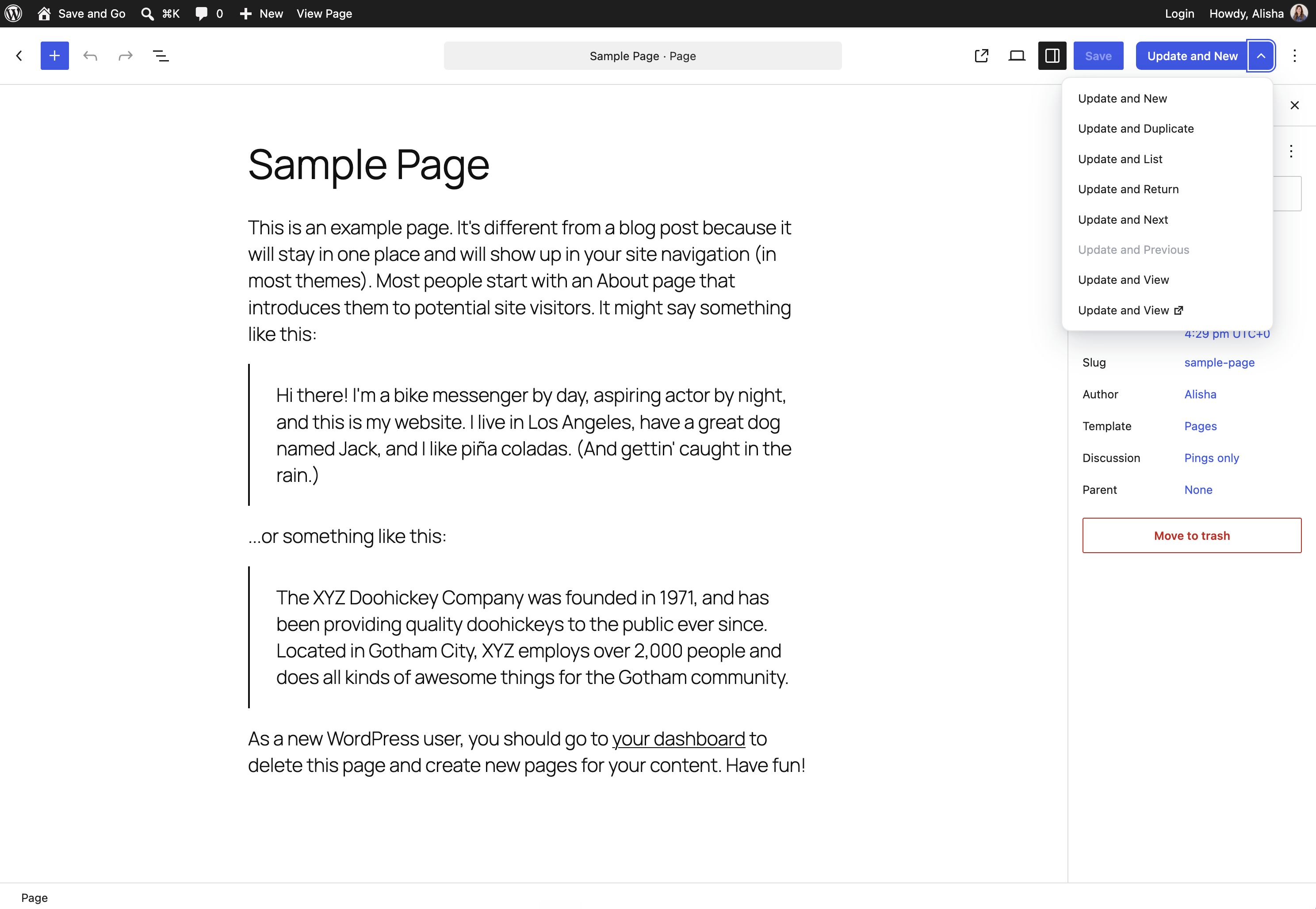 The Save & Go button in the block editor