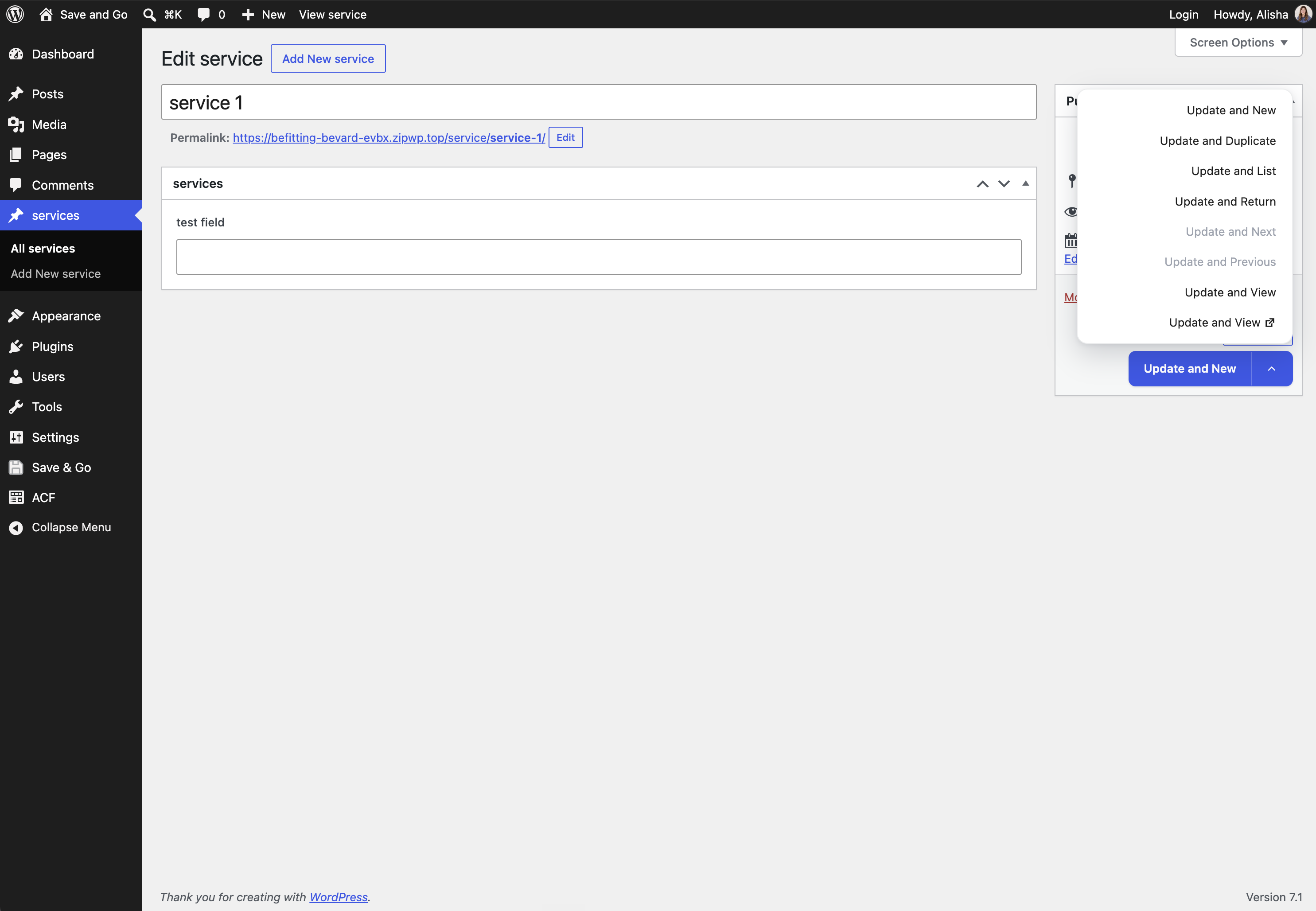 The dropdown reveals all the enabled actions