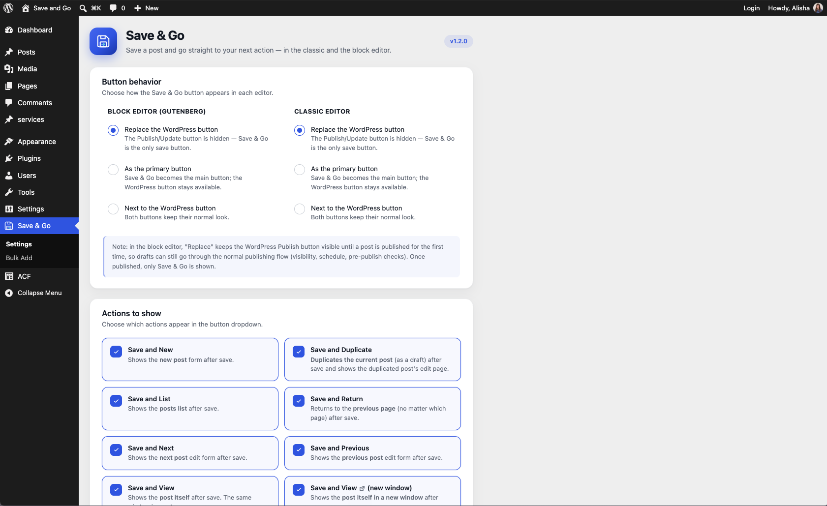 The settings page