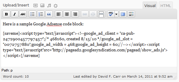Using the saveme shortcode in the editor