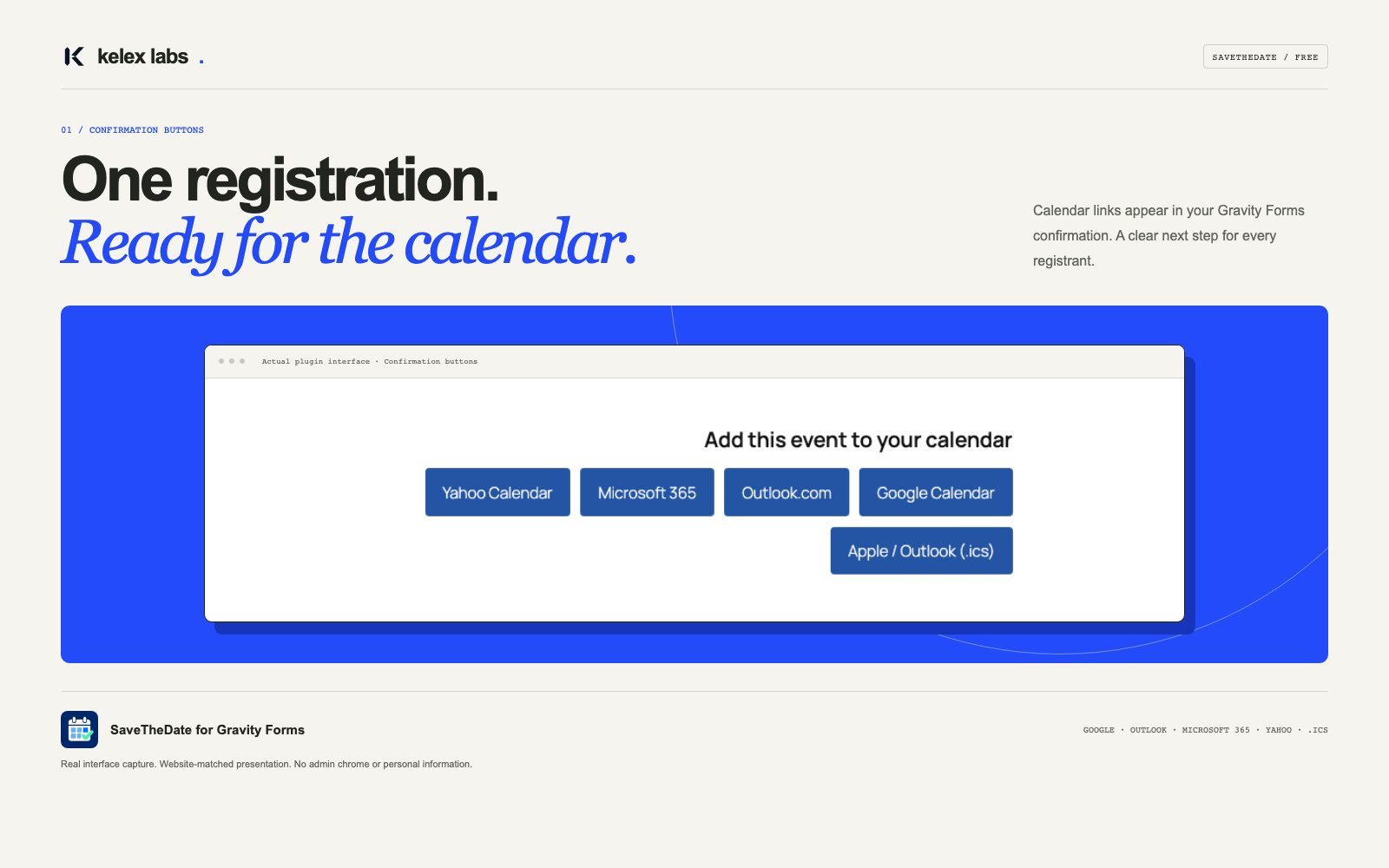 Real calendar buttons in a Gravity Forms confirmation, shown in a presentation frame.