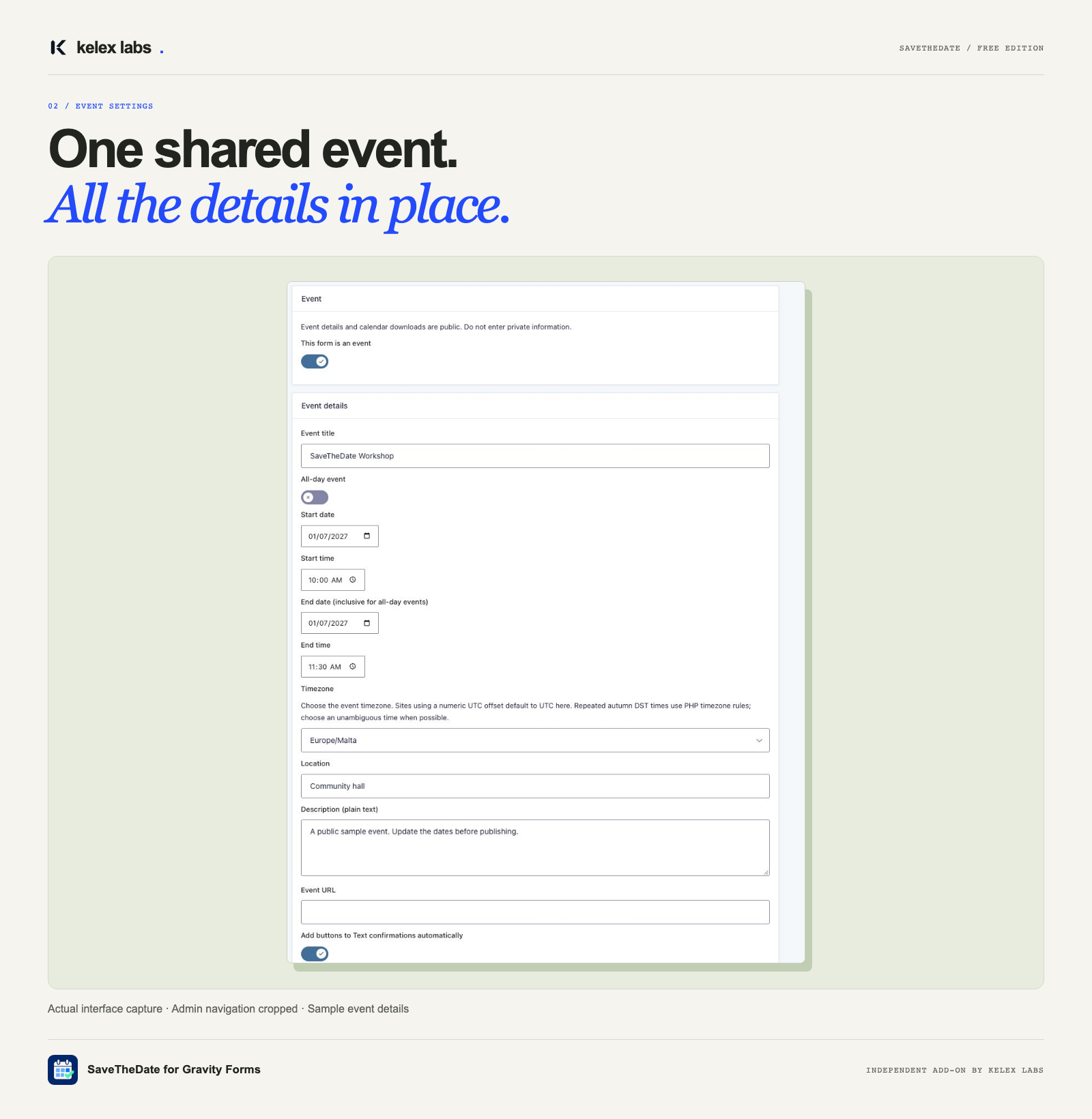 Real event settings for a shared fixed event, including dates, timezone, location, and description. Admin navigation is cropped from the capture.