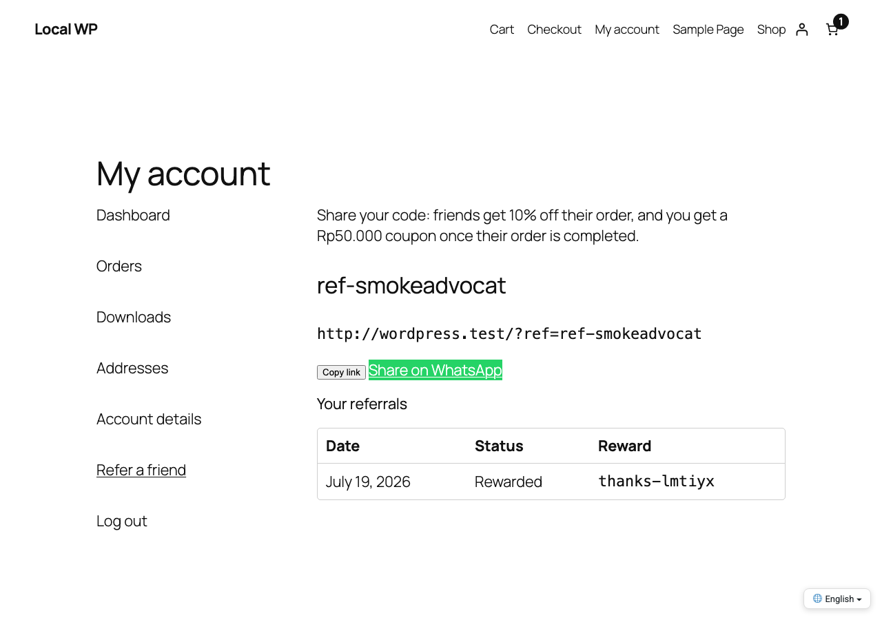 Refer a friend page in My Account: personal code, share link, WhatsApp sharing, referral history.