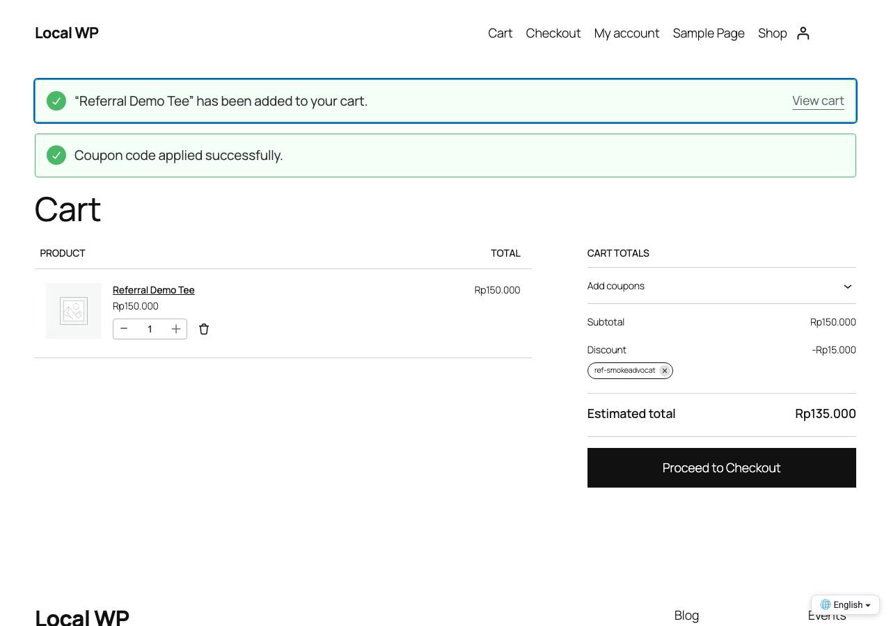Referral code auto-applied in the cart from a share link.