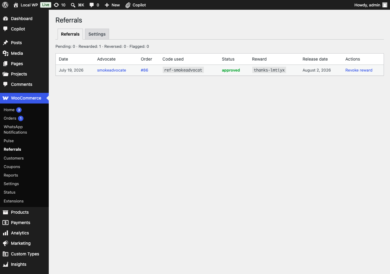 Admin referral list with statuses, manual actions, and settings.