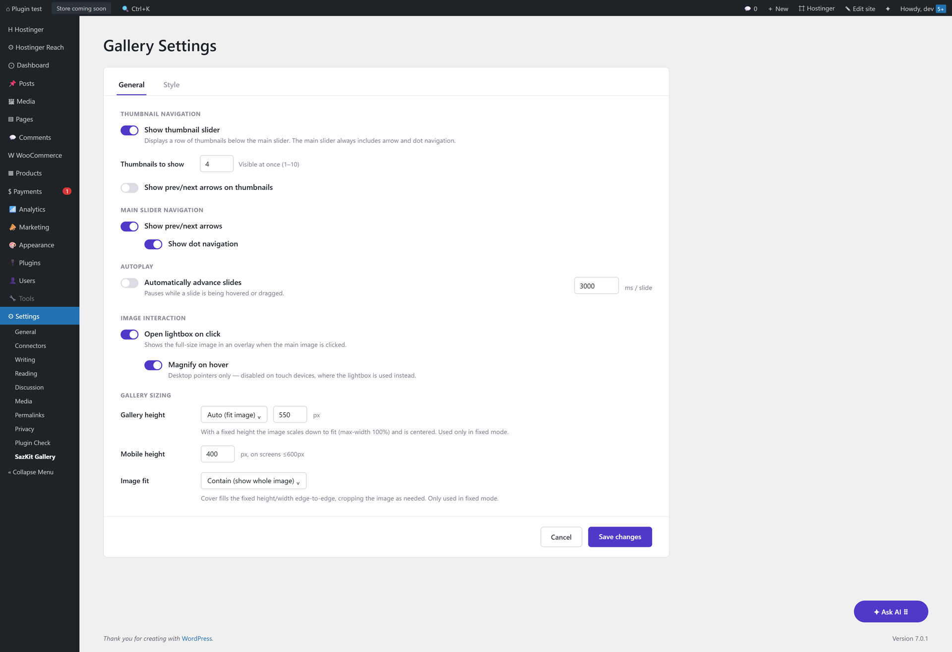 Plugin settings screen.