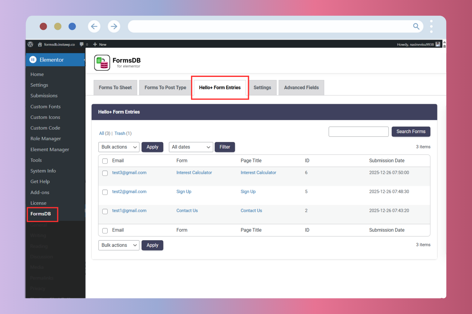 Hello Plus Form Entries