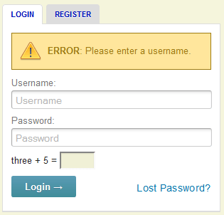 Error message in Login Tab.