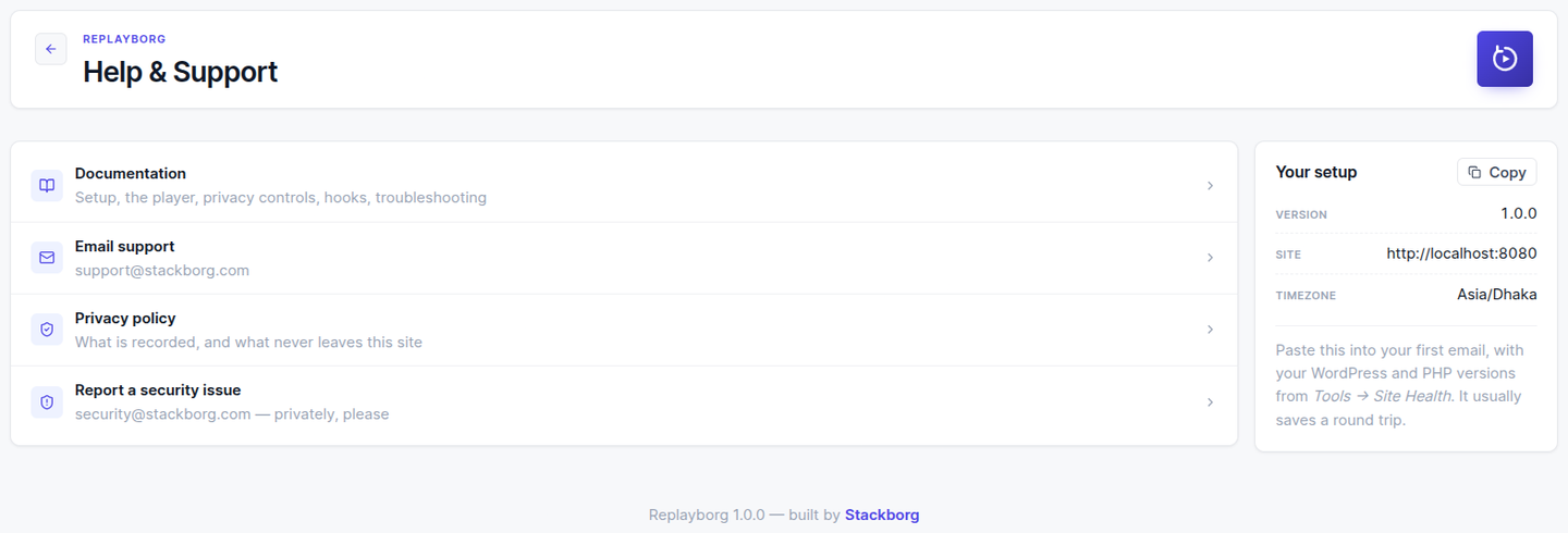 Help & Support — the documentation, the privacy policy and where to write, with the setup details a support email needs.