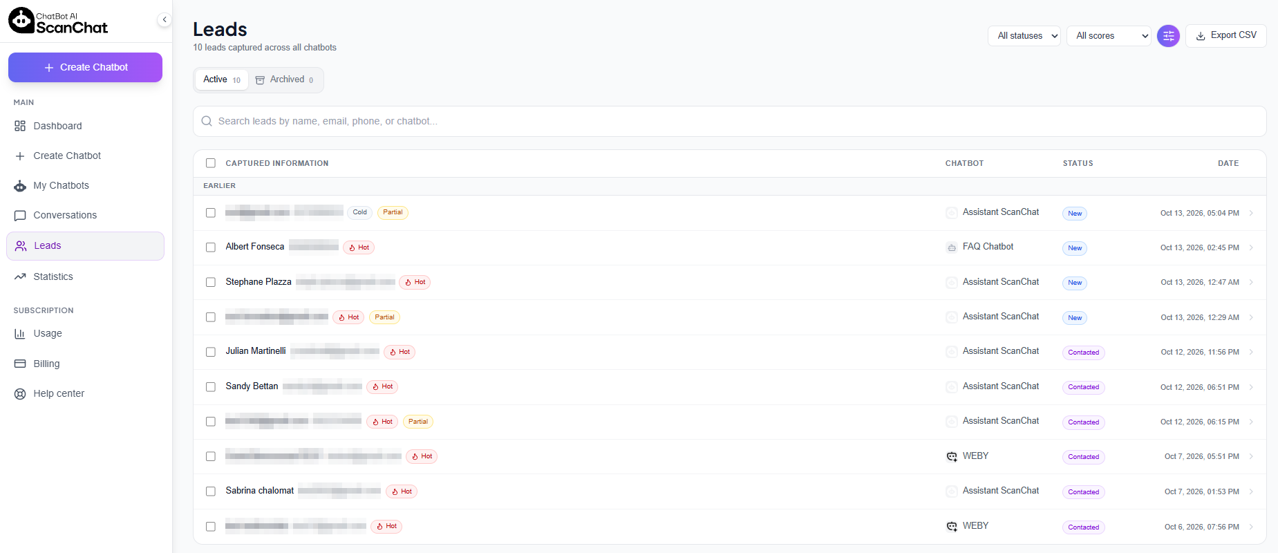 Leads collected by the chatbot, scored Hot / Warm / Cold by AI, with follow-up status and CSV export.
