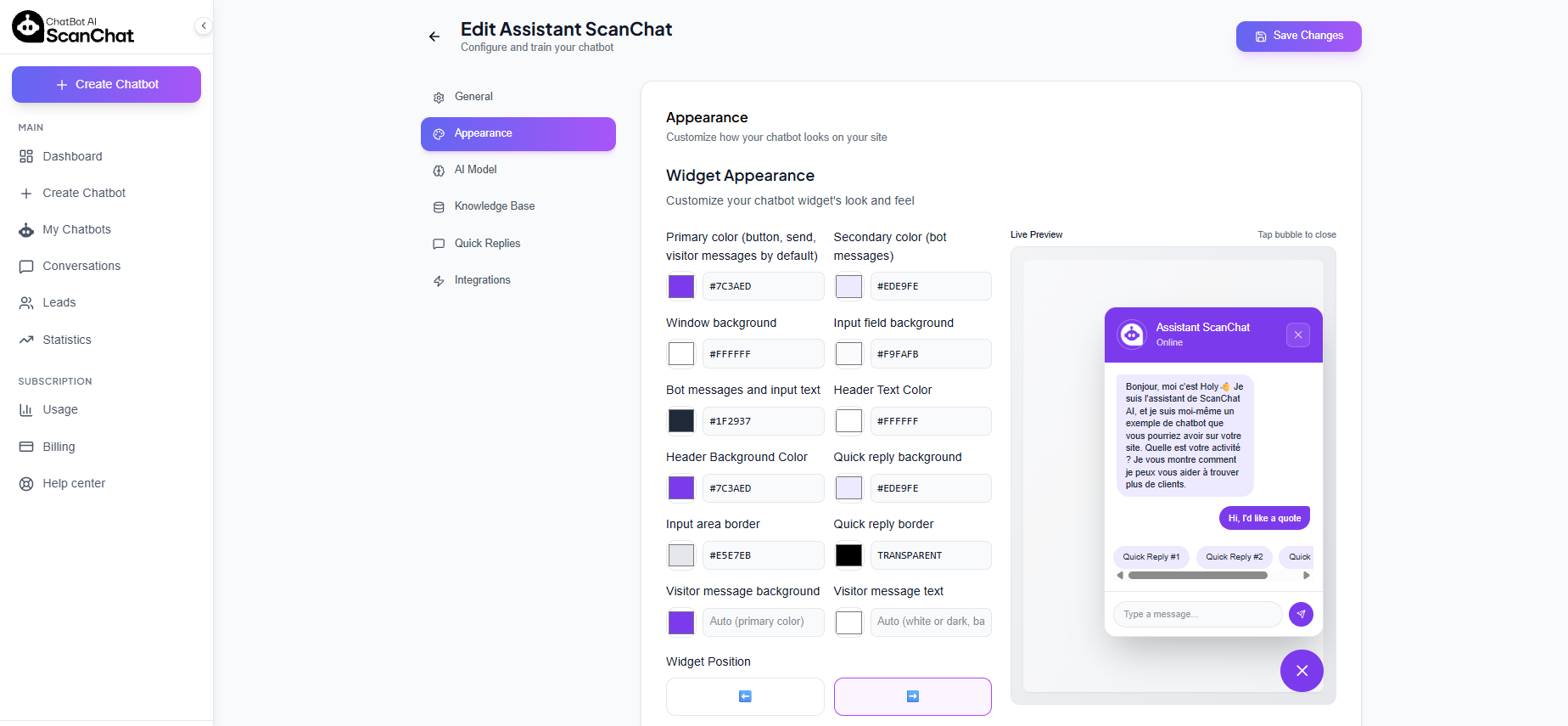 Customize the chatbot from your dashboard: colors, position, size, welcome message, with a live preview.