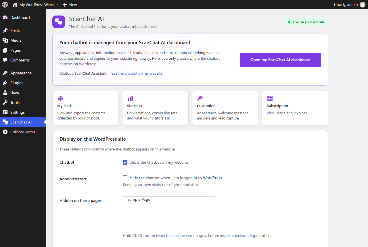 In WordPress, the plugin only places the chatbot on your website: it shows the connection status, shortcuts to your ScanChat AI dashboard and the display settings.