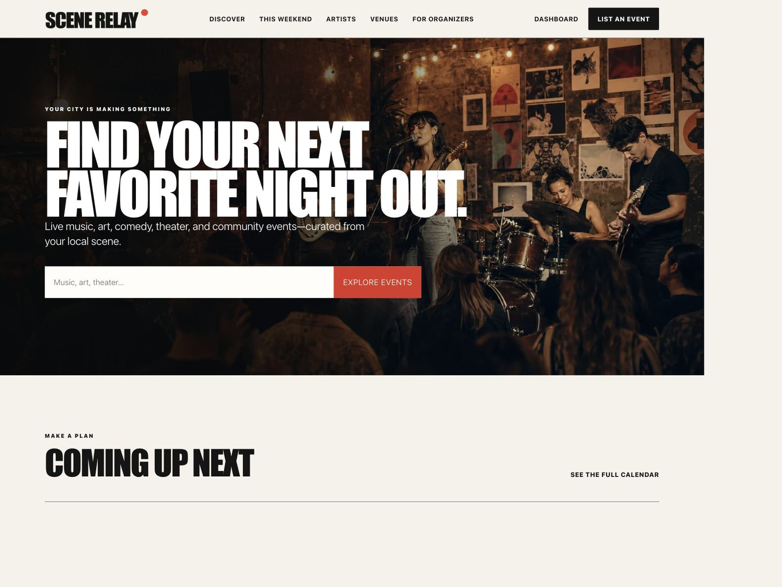 Publish a branded local-events homepage with featured discovery and a focused search handoff.
