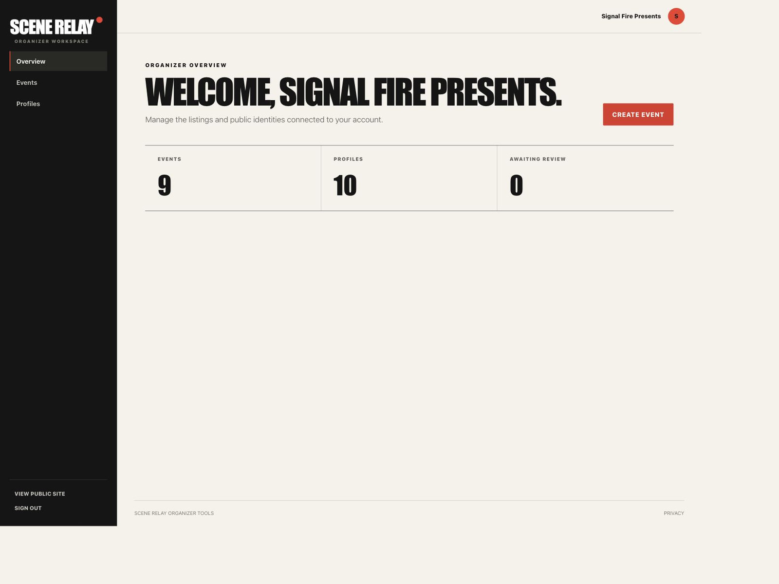 Let organizers see their listings, public identities, and review status in a dedicated front-end workspace.