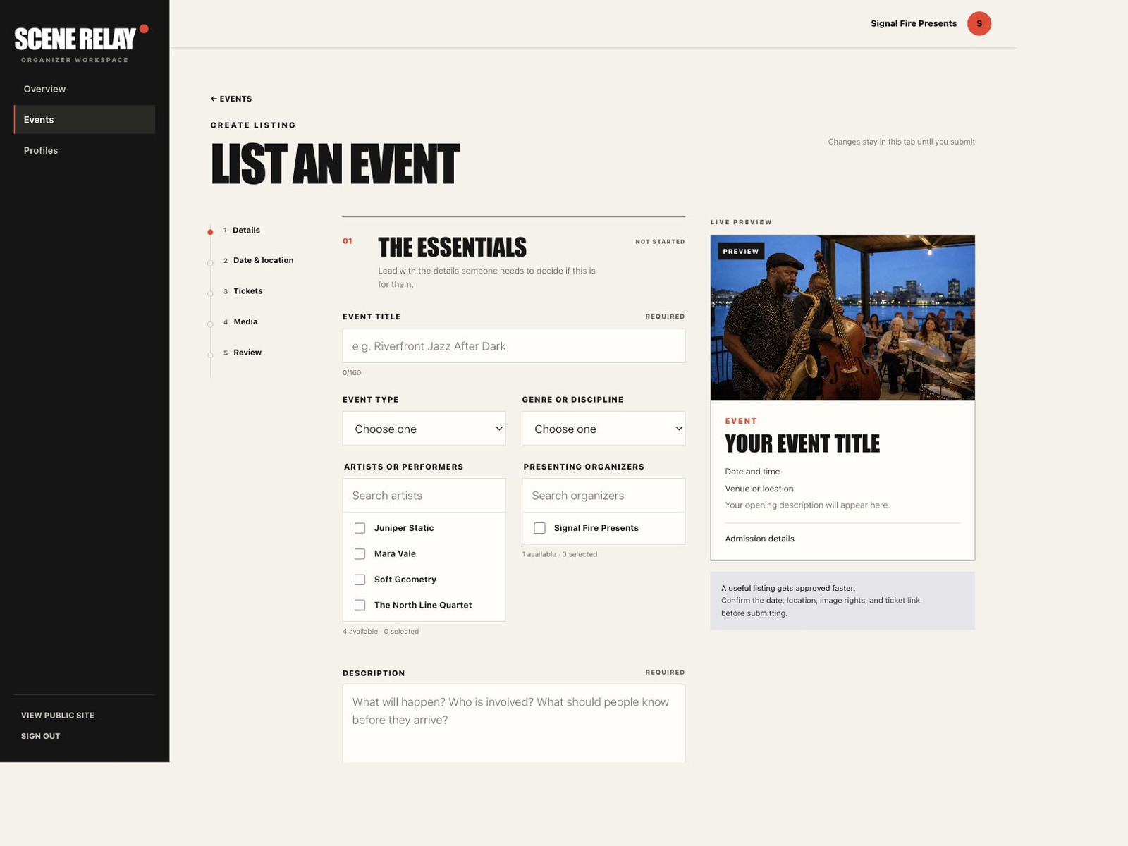 Guide organizers through a structured event editor with a live preview and clear publishing steps.