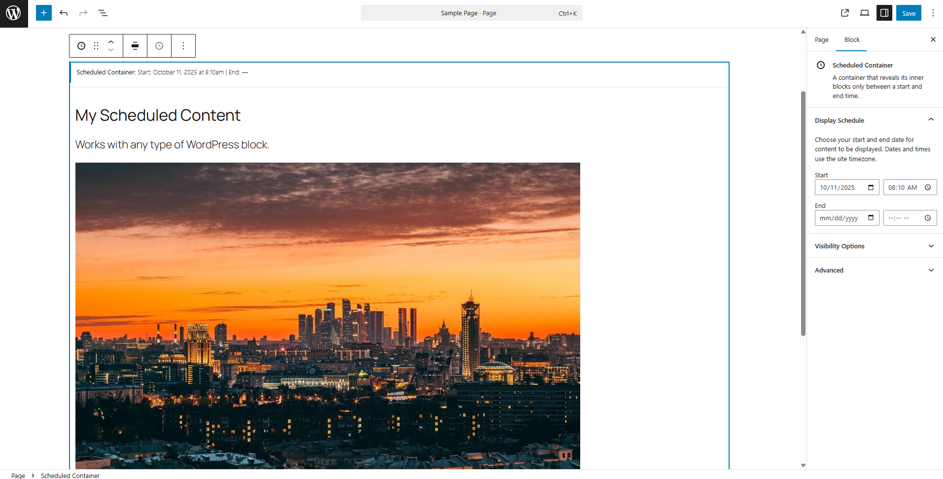 The Scheduled Container block will match the width of your other content but can also be set to Wide or Full-Width.